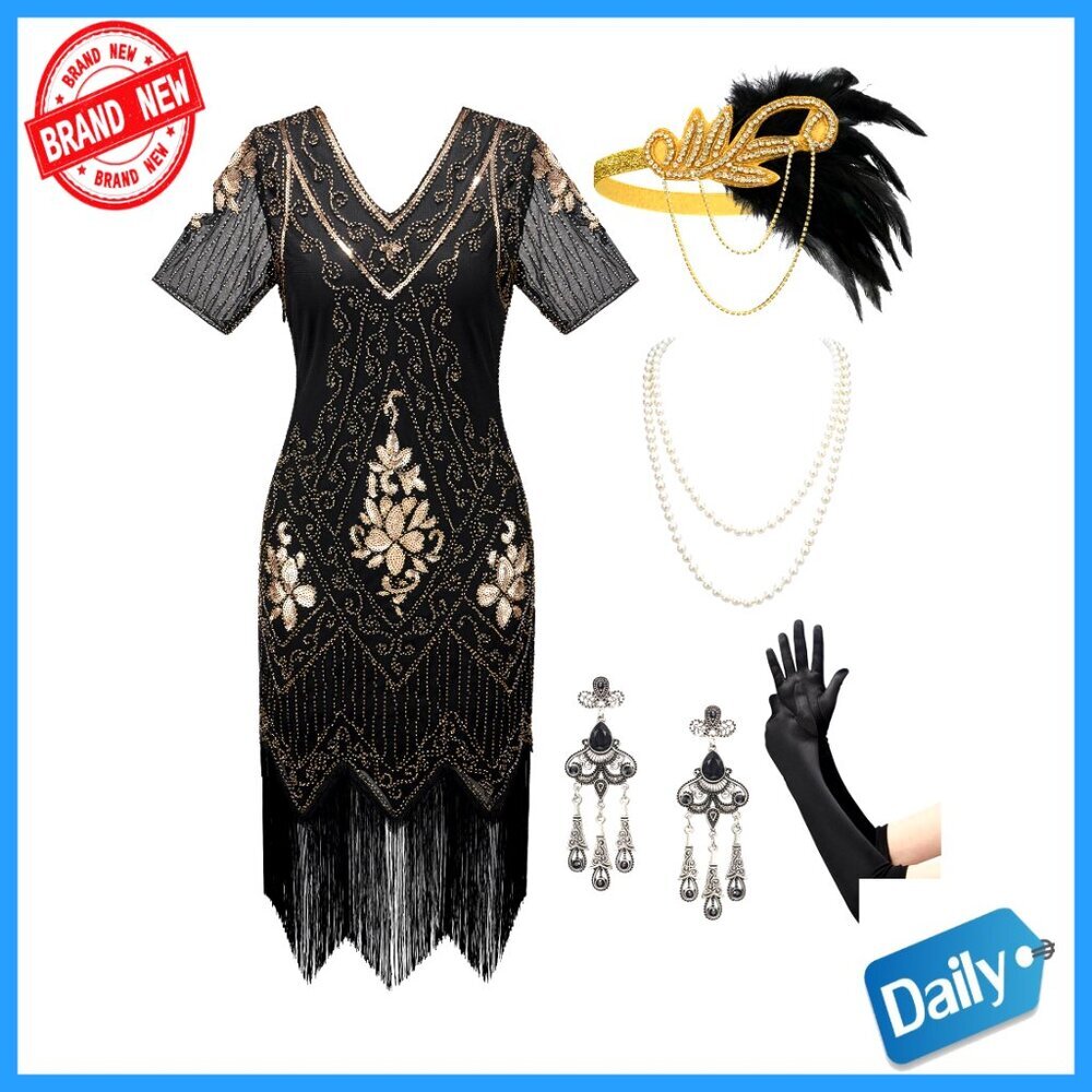1920s Flapper Dress with Fringe Sequin Accessories Gatsby Costume